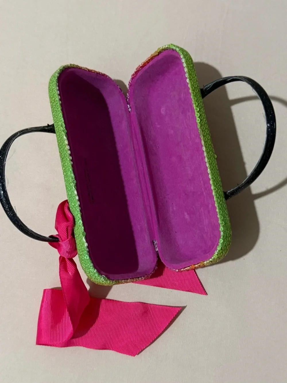 Rainbow Beaded Sunglass Case with Hot Pink Ribbon
